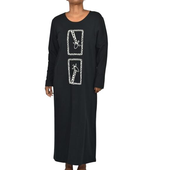 Vintage Cite Giraffe Knit Dress Black Maxi Art To Wear Print Lounge Casual Small - Picture 11 of 14